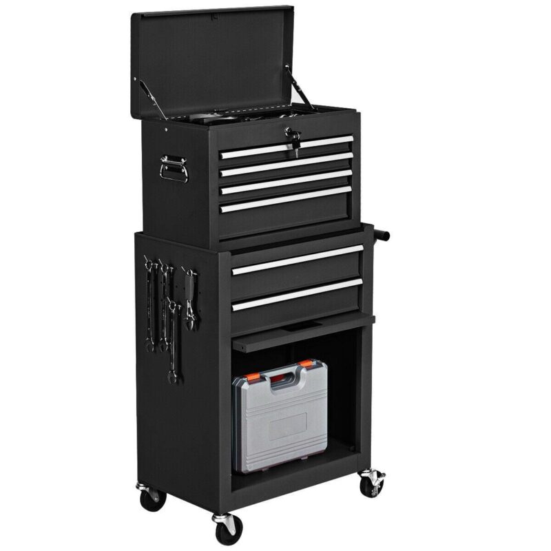 Gymax 2 in 1 Black Rolling Cabinet Storage Chest Box Garage Toolbox Organizer w/ 6 Drawers - Image 8