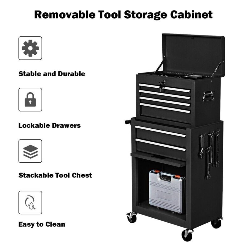 Gymax 2 in 1 Black Rolling Cabinet Storage Chest Box Garage Toolbox Organizer w/ 6 Drawers - Image 5