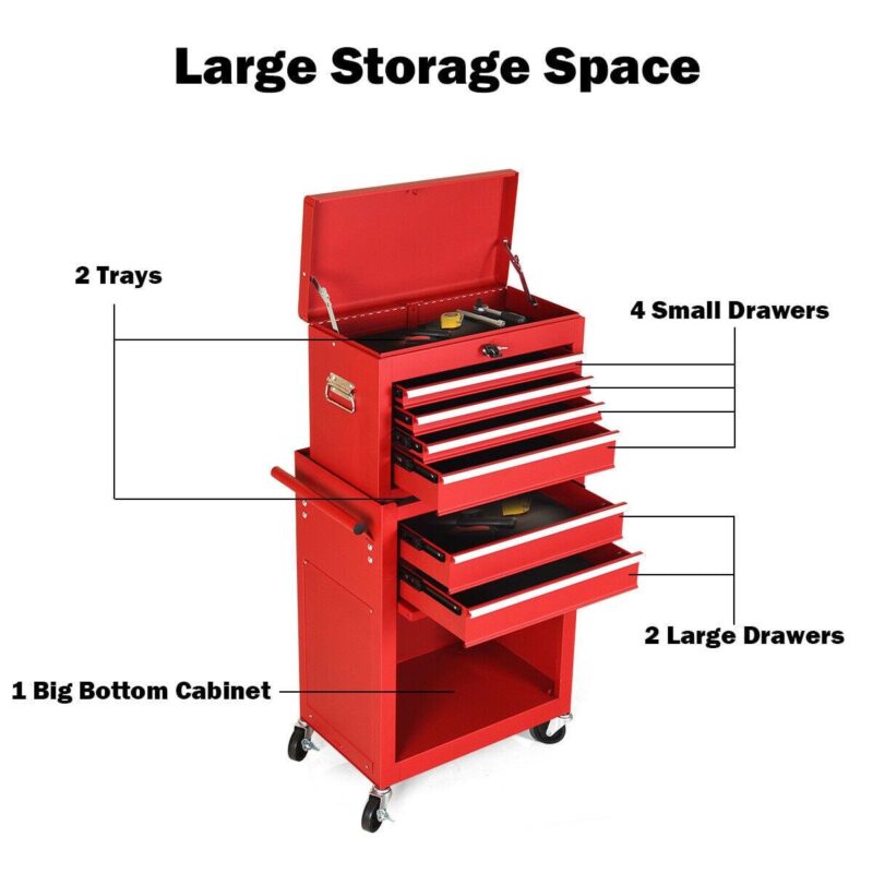 Gymax 2 in 1 Rolling Cabinet Storage Chest Box Garage Toolbox Organizer w/ 6 Drawers - Image 6