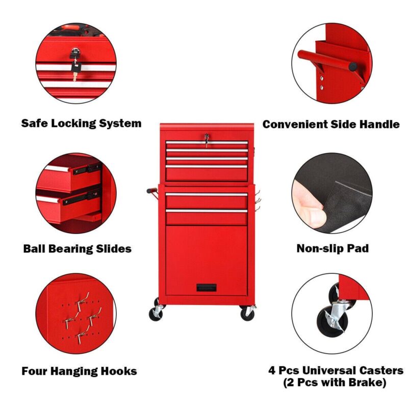 Gymax 2 in 1 Rolling Cabinet Storage Chest Box Garage Toolbox Organizer w/ 6 Drawers - Image 7