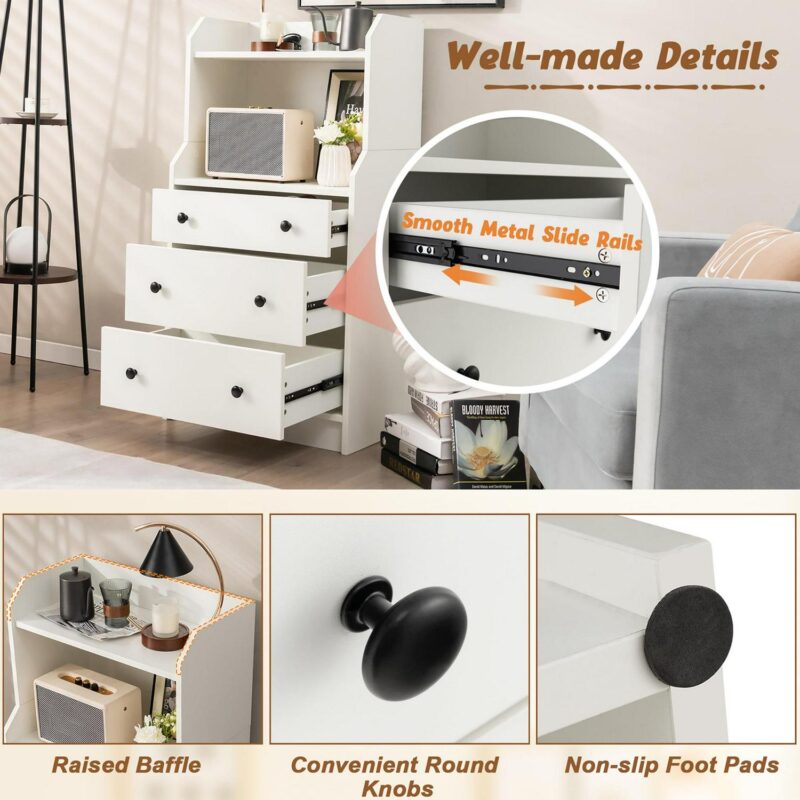 Gymax 3-Drawer Dresser 44'' Tall Wood Storage Organizer Chest w/ 2 Open Shelves White - Image 6
