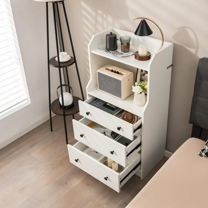 Gymax 3-Drawer Dresser 44'' Tall Wood Storage Organizer Chest w/ 2 Open Shelves White - Image 5