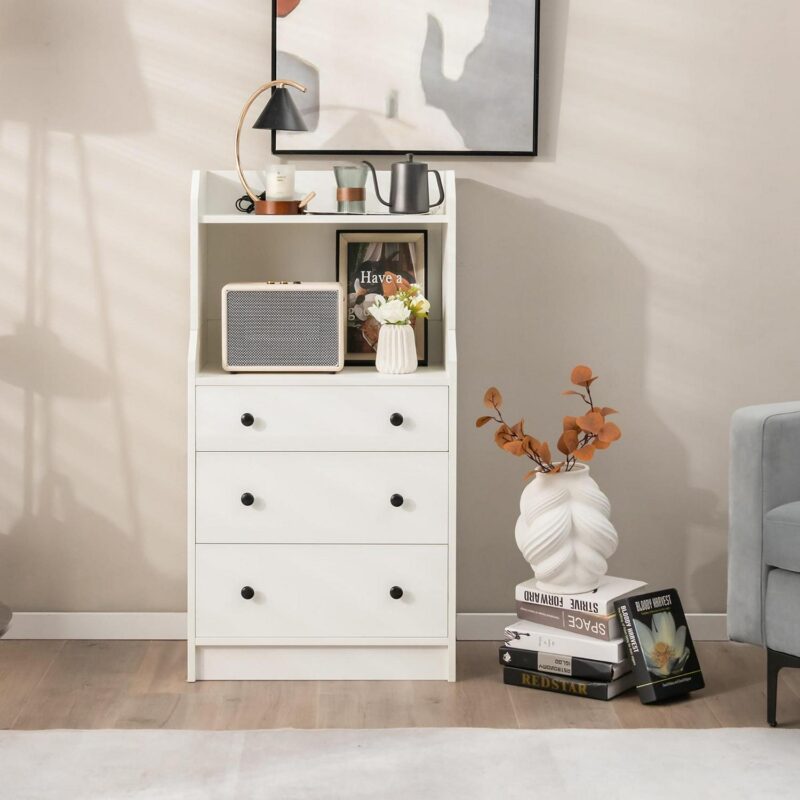 Gymax 3-Drawer Dresser 44'' Tall Wood Storage Organizer Chest w/ 2 Open Shelves White - Image 3