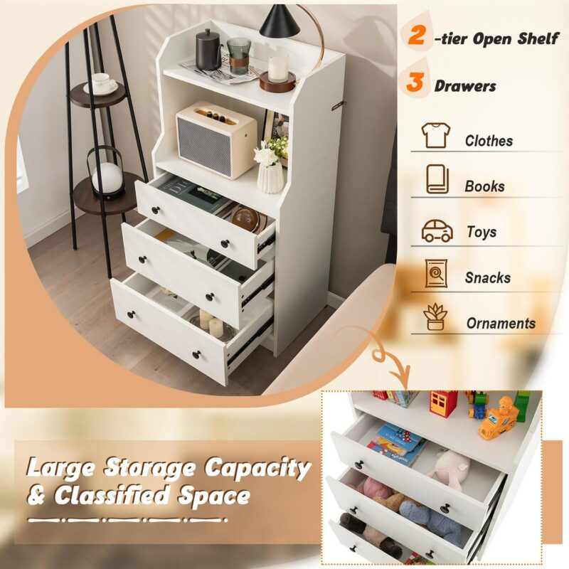 Gymax 3-Drawer Dresser 44'' Tall Wood Storage Organizer Chest w/ 2 Open Shelves White - Image 7