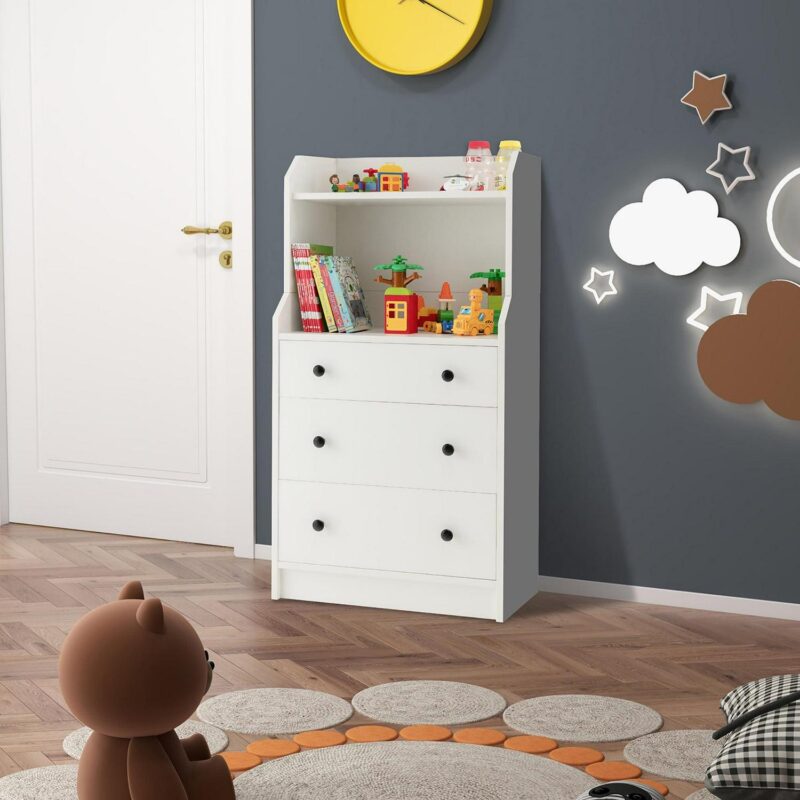 Gymax 3-Drawer Dresser 44'' Tall Wood Storage Organizer Chest w/ 2 Open Shelves White - Image 4