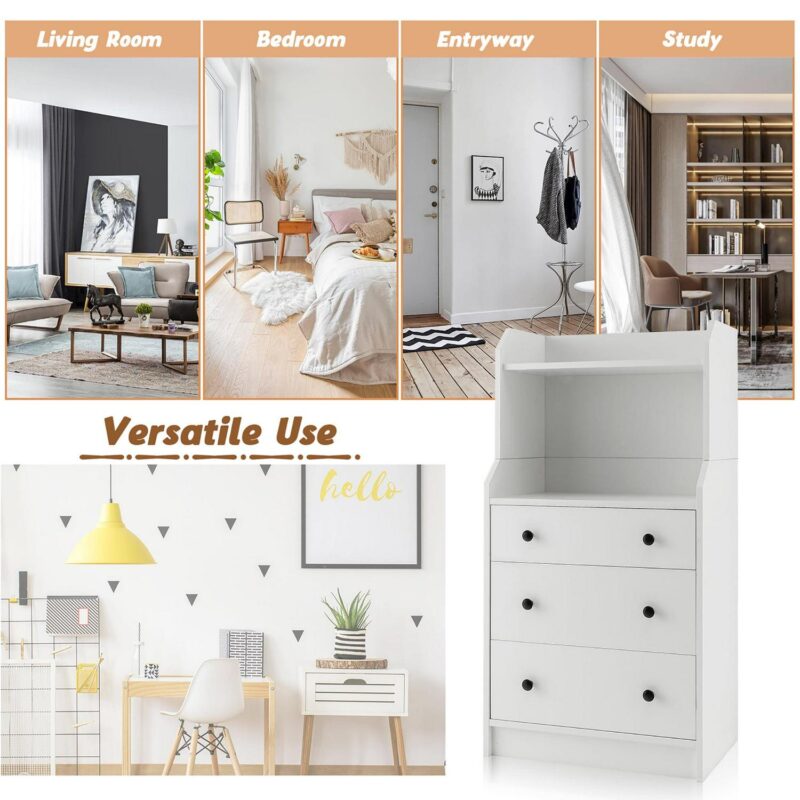 Gymax 3-Drawer Dresser 44'' Tall Wood Storage Organizer Chest w/ 2 Open Shelves White - Image 9