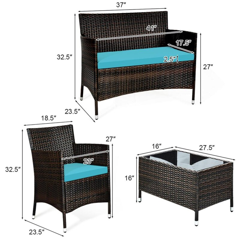 Gymax 4PCS Patio Rattan Conversation Furniture Set Outdoor Turquoise Cushioned - Image 5