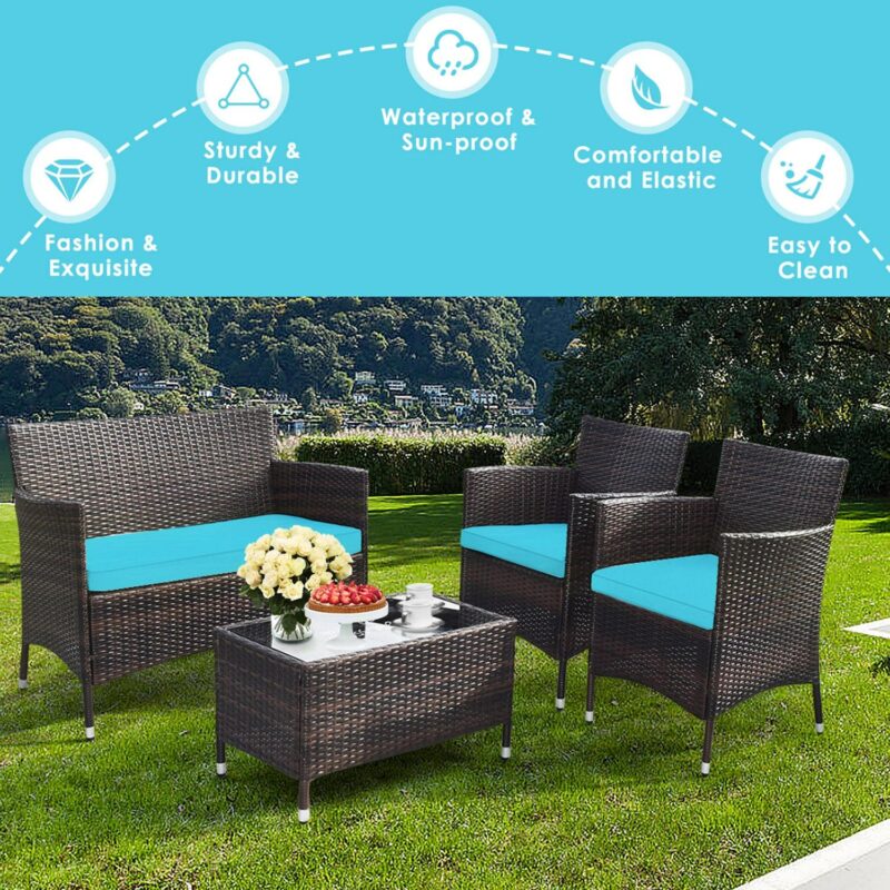 Gymax 4PCS Patio Rattan Conversation Furniture Set Outdoor Turquoise Cushioned - Image 6