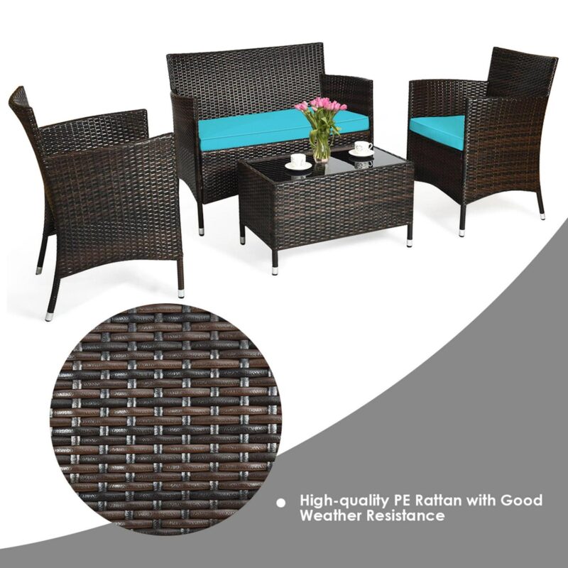 Gymax 4PCS Patio Rattan Conversation Furniture Set Outdoor Turquoise Cushioned - Image 9