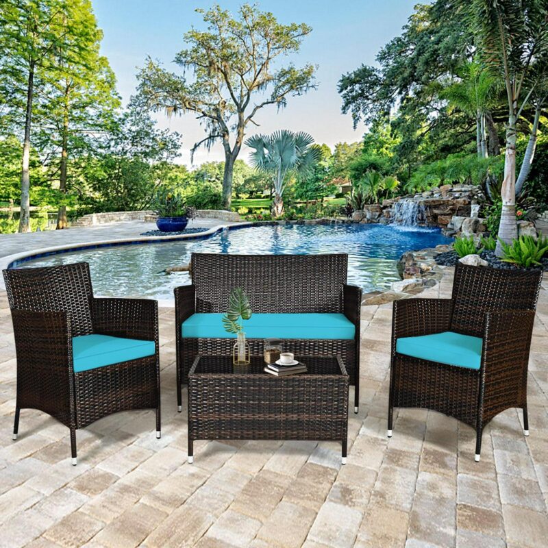Gymax 4PCS Patio Rattan Conversation Furniture Set Outdoor Turquoise Cushioned - Image 4