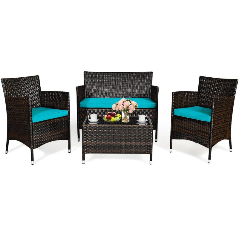 Gymax 4PCS Patio Rattan Conversation Furniture Set Outdoor Turquoise Cushioned - Image 2