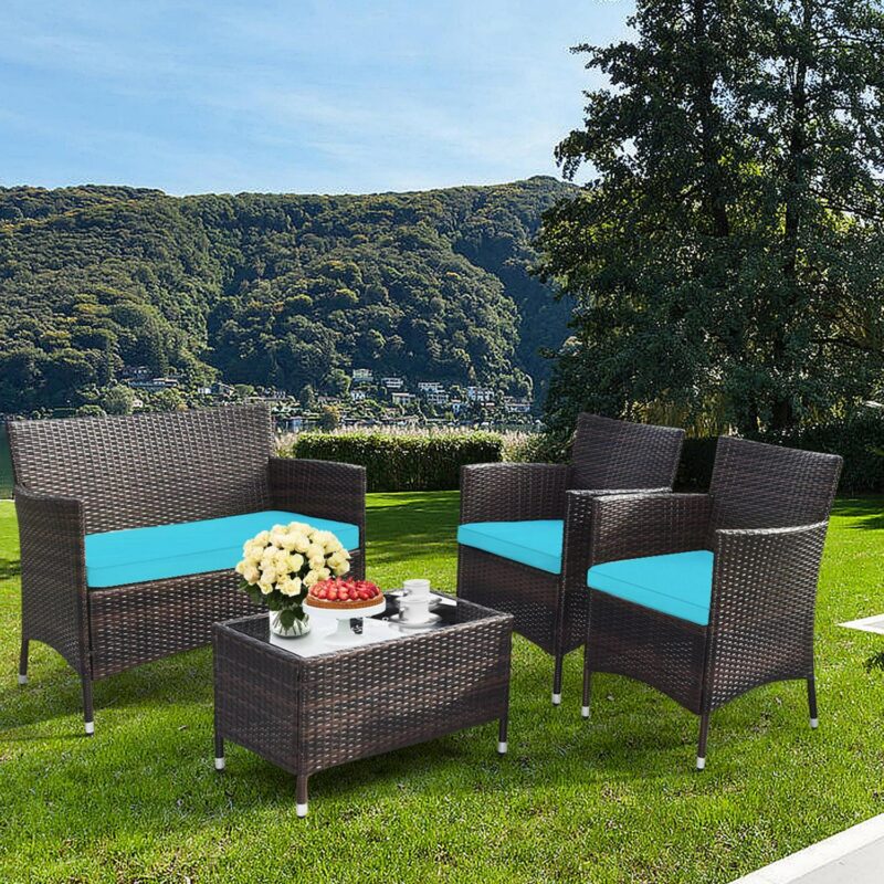 Gymax 4PCS Patio Rattan Conversation Furniture Set Outdoor Turquoise Cushioned - Image 3