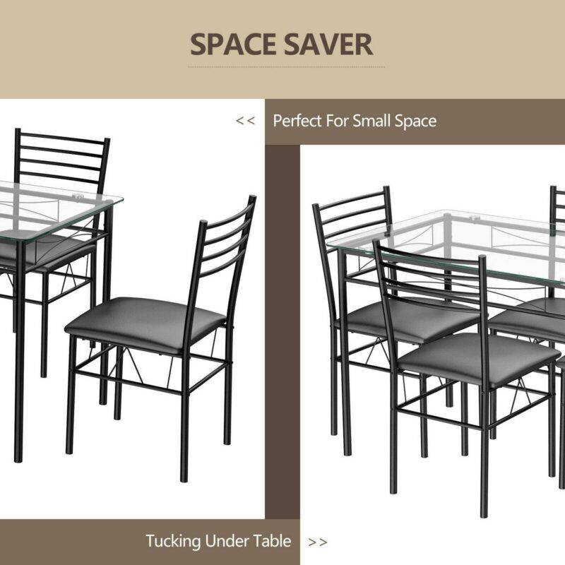 Gymax 5 Piece Dining Set Glass Top Table and 4 Upholstered Chairs Kitchen Room Furniture - Image 7