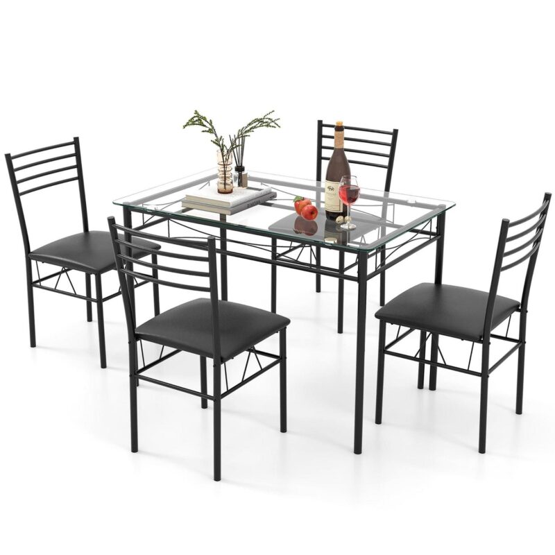 Gymax 5 Piece Dining Set Glass Top Table and 4 Upholstered Chairs Kitchen Room Furniture - Image 9