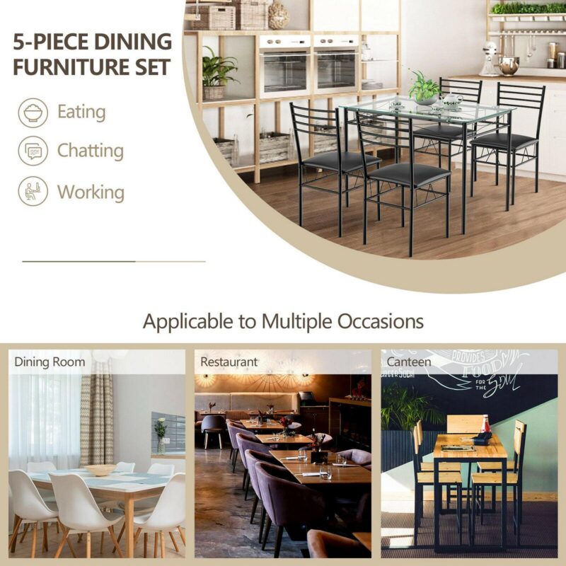Gymax 5 Piece Dining Set Glass Top Table and 4 Upholstered Chairs Kitchen Room Furniture - Image 6