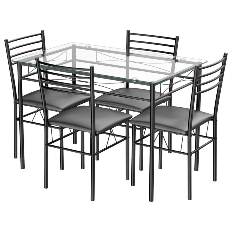 Gymax 5 Piece Dining Set Glass Top Table and 4 Upholstered Chairs Kitchen Room Furniture - Image 10