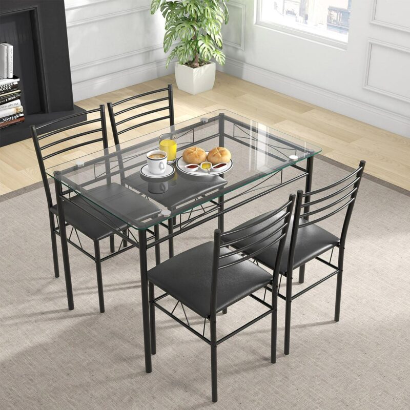 Gymax 5 Piece Dining Set Glass Top Table and 4 Upholstered Chairs Kitchen Room Furniture - Image 2