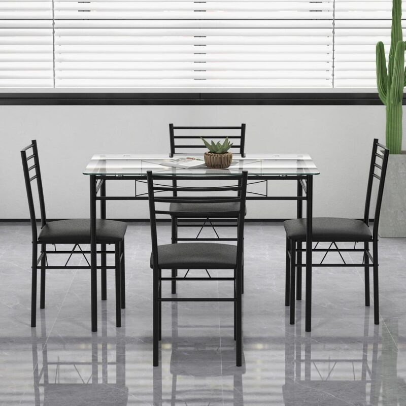 Gymax 5 Piece Dining Set Glass Top Table and 4 Upholstered Chairs Kitchen Room Furniture