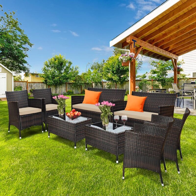 Gymax 8PCS Patio Rattan Outdoor Furniture Set w/ Cushioned Chair Loveseat Table