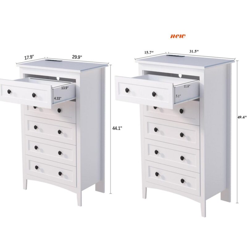HAIOOU 5 Drawer White Dresser with Power Outlets, Wooden Vertical Dressers for Bedroom Large Storage Chests of Drawers with Hidden Drawer Compartment for Living Room, Closet, Entryway, Hallway - Image 6