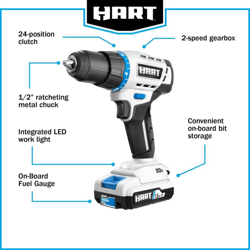 HART 20-Volt Cordless 1/2-inch Drill/Driver Kit, (2) 1.5Ah Lithium-Ion Batteries, Gen 2 - Image 9