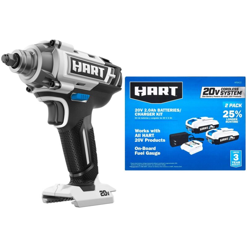 HART 20-Volt Impact Wrench with 2-Pack 2Ah Battery and Charger Starter Kit Bundle
