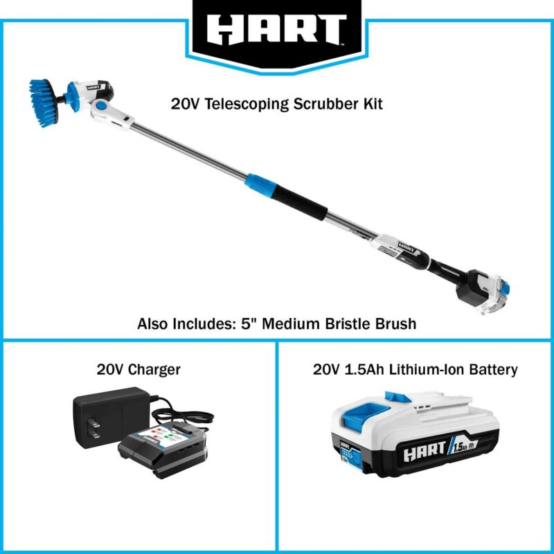HART 20-Volt Telescoping Scrubber Kit, (1) 1.5Ah Lithium-Ion Battery, Medium Bristle Cleaning Brush - Image 9