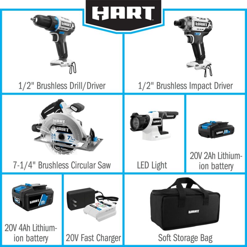 HART 20 Volts 4-Tool Brushless Combo Kit, (1) 2.0Ah and (1) 4.0Ah Lithium-Ion Battery - Image 12