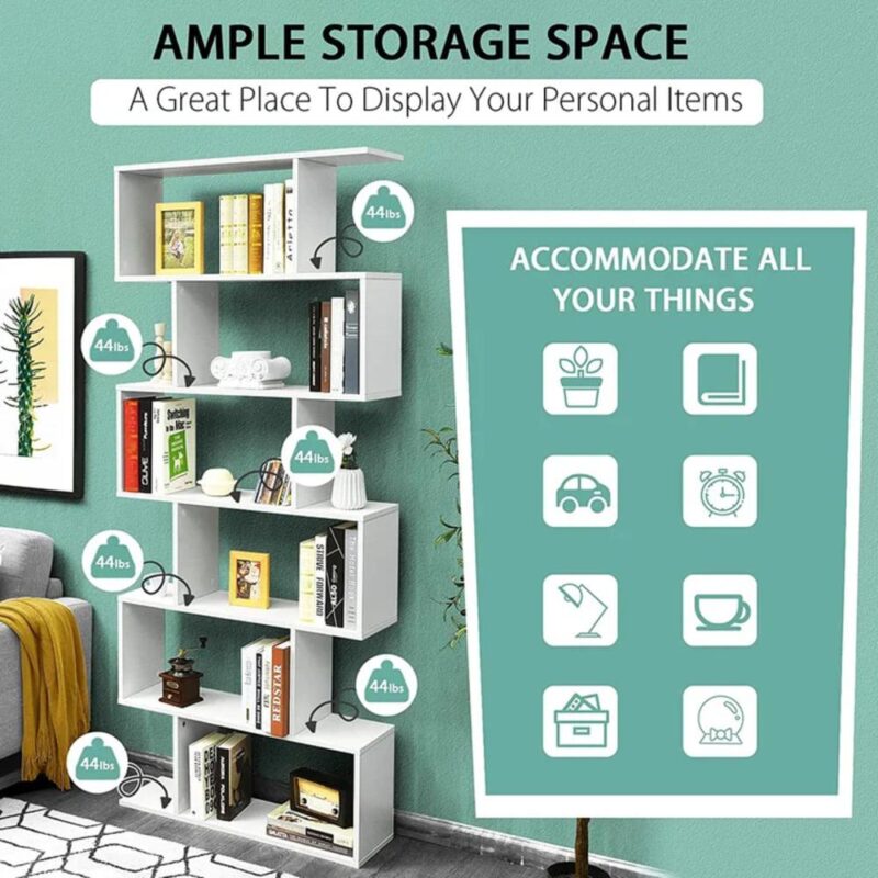 HOMEFORT 6-Shelf Geometric Bookcase, Wood S-Shaped Bookshelf, Modern Staggered Bookcase Bookshelf. White and Black - Image 5