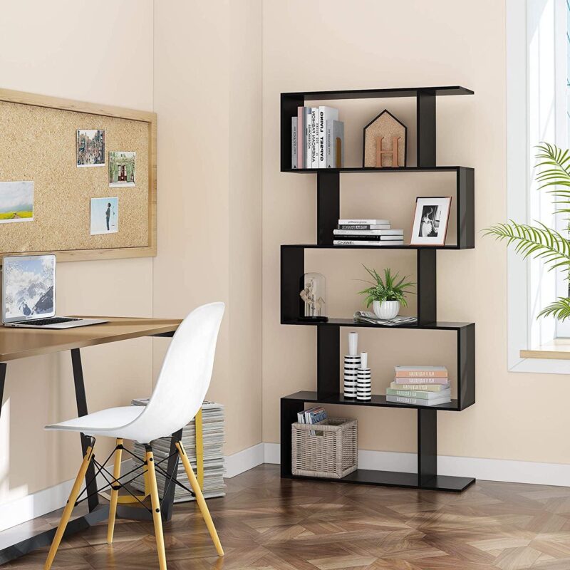 HOMEFORT Geometric Bookcase, 5-Tier Wooden S Shaped Storage Bookcase, Display Bookshelf, Black, Brown or White - Image 4