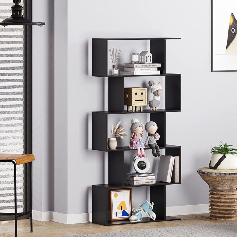 HOMEFORT Geometric Bookcase, 5-Tier Wooden S Shaped Storage Bookcase, Display Bookshelf, Black, Brown or White - Image 7