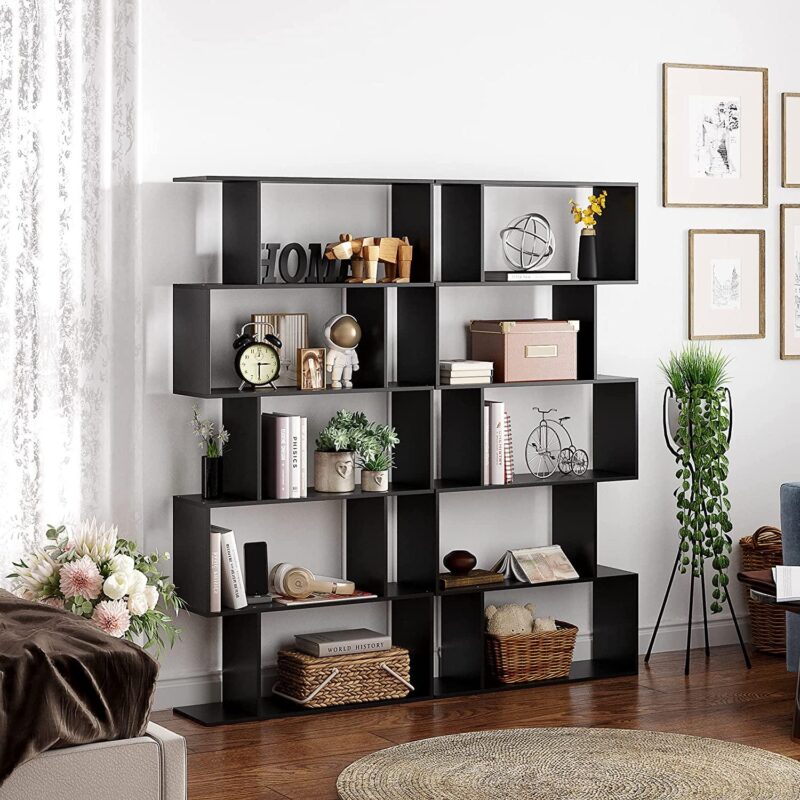 HOMEFORT Geometric Bookcase, 5-Tier Wooden S Shaped Storage Bookcase, Display Bookshelf, Black, Brown or White - Image 5