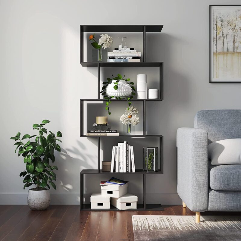 HOMEFORT Geometric Bookcase, 5-Tier Wooden S Shaped Storage Bookcase, Display Bookshelf, Black, Brown or White - Image 6