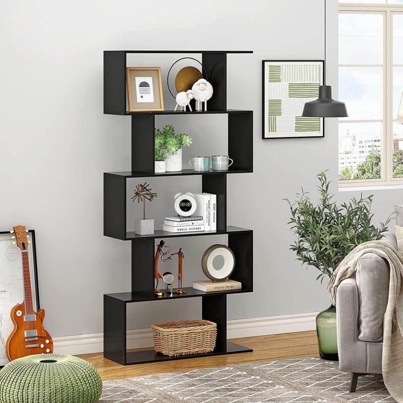 HOMEFORT Geometric Bookcase, 5-Tier Wooden S Shaped Storage Bookcase, Display Bookshelf, Black, Brown or White - Image 3