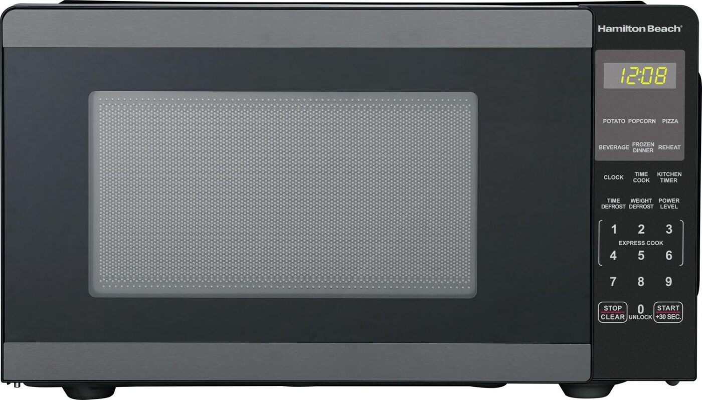 Hamilton Beach 0.9 Cu ft Countertop Microwave Oven, 900 Watts, Black Stainless Steel, New