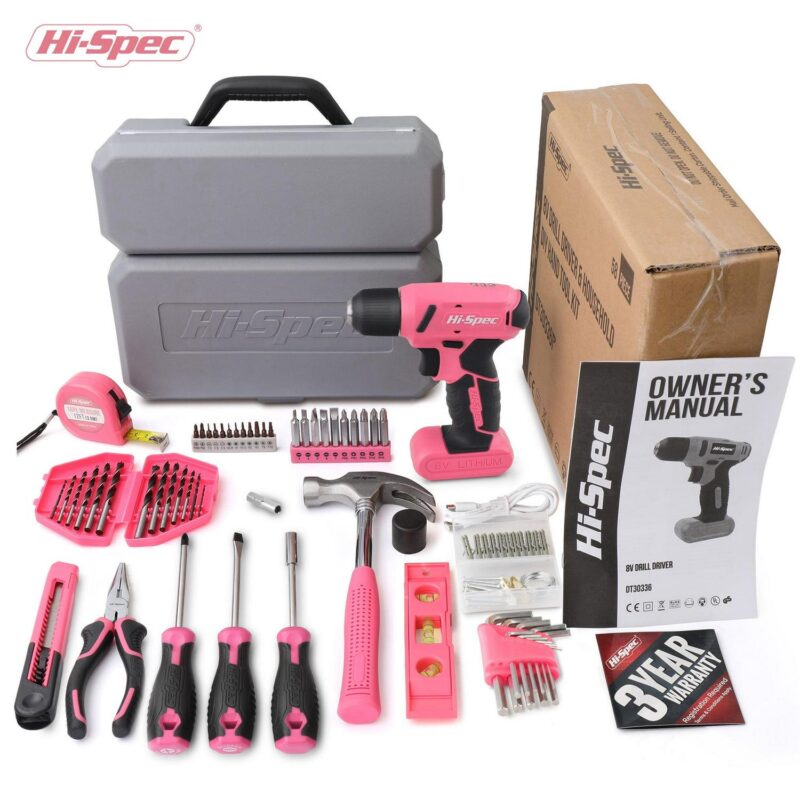Hi-Spec 58pc Pink 8V Handheld USB Rechargeable Tool Set, Electric Screwdriver Bits Cordless Drill and Household And DIY Tool Kit Set, With Easy To Carry And Portable Storage Box - Image 3