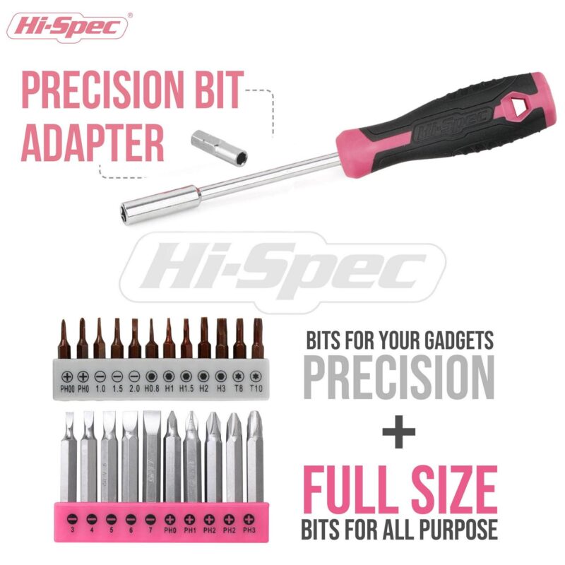 Hi-Spec 58pc Pink 8V Handheld USB Rechargeable Tool Set, Electric Screwdriver Bits Cordless Drill and Household And DIY Tool Kit Set, With Easy To Carry And Portable Storage Box - Image 6