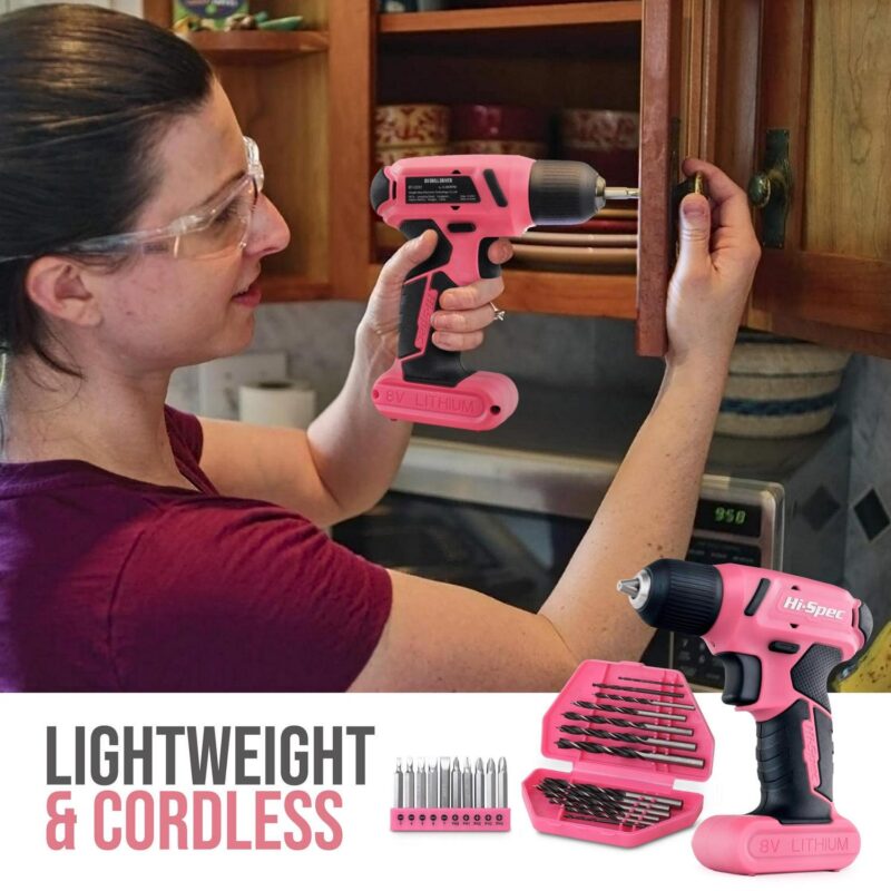 Hi-Spec 58pc Pink 8V Handheld USB Rechargeable Tool Set, Electric Screwdriver Bits Cordless Drill and Household And DIY Tool Kit Set, With Easy To Carry And Portable Storage Box - Image 2