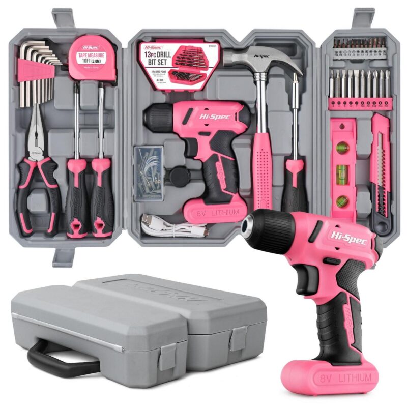 Hi-Spec 58pc Pink 8V Handheld USB Rechargeable Tool Set, Electric Screwdriver Bits Cordless Drill and Household And DIY Tool Kit Set, With Easy To Carry And Portable Storage Box