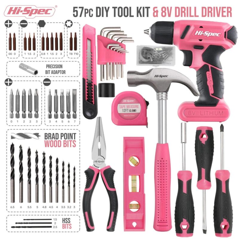 Hi-Spec 58pc Pink 8V Handheld USB Rechargeable Tool Set, Electric Screwdriver Bits Cordless Drill and Household And DIY Tool Kit Set, With Easy To Carry And Portable Storage Box - Image 4