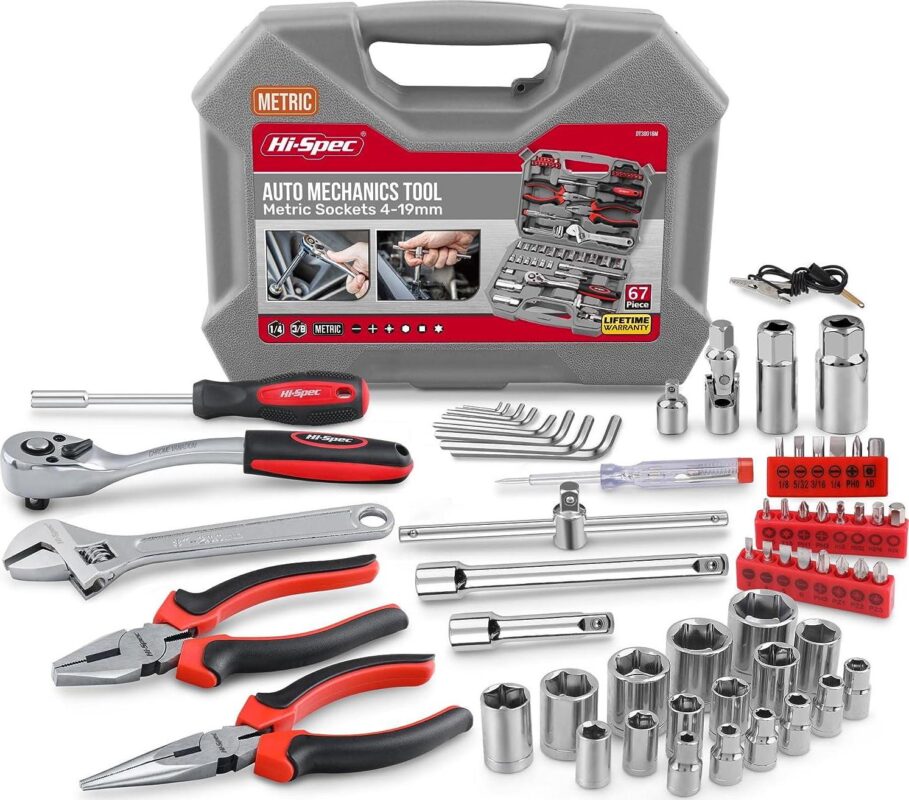 Hi-Spec Tools 67pc Metric Hand Tool Kit Complete Car Tool Set, Motorcycle, Engine and Garage Repair Hand Tools with Sockets, Ratchet Wrench, Home and Automotive Tool Set