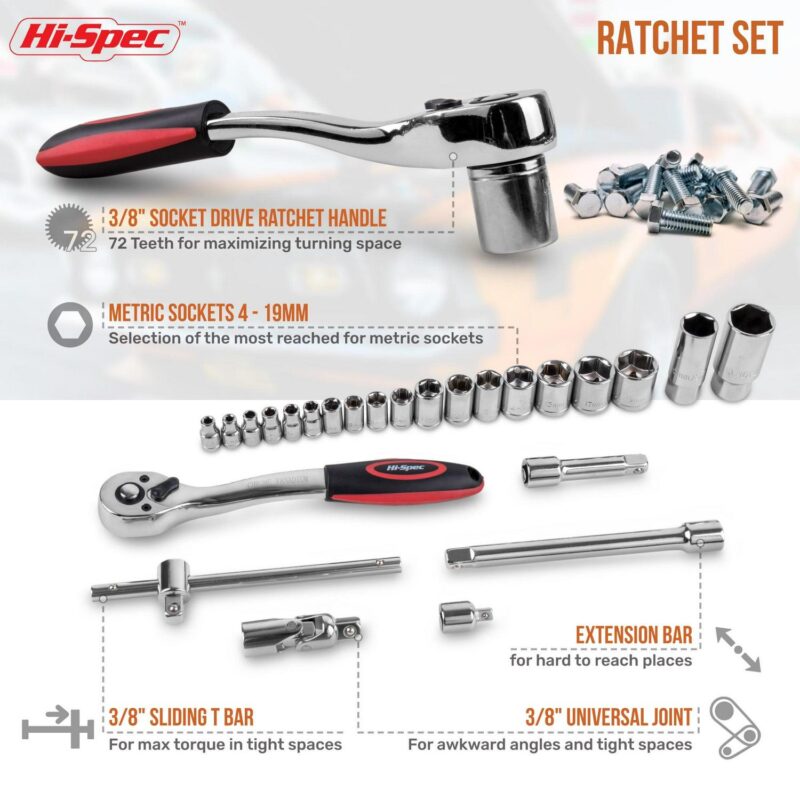 Hi-Spec Tools 67pc Metric Hand Tool Kit Complete Car Tool Set, Motorcycle, Engine and Garage Repair Hand Tools with Sockets, Ratchet Wrench, Home and Automotive Tool Set - Image 3