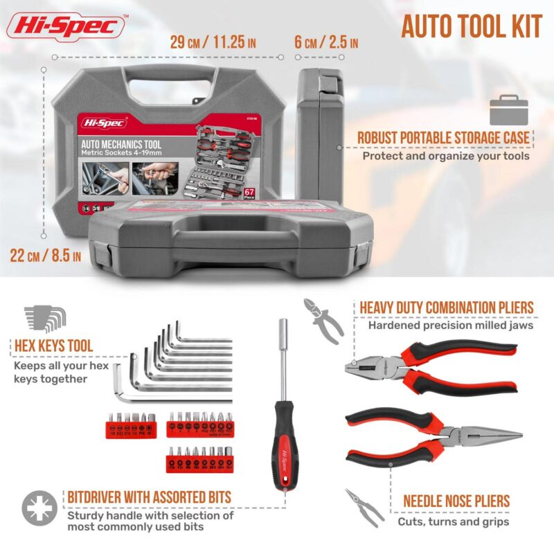 Hi-Spec Tools 67pc Metric Hand Tool Kit Complete Car Tool Set, Motorcycle, Engine and Garage Repair Hand Tools with Sockets, Ratchet Wrench, Home and Automotive Tool Set - Image 4