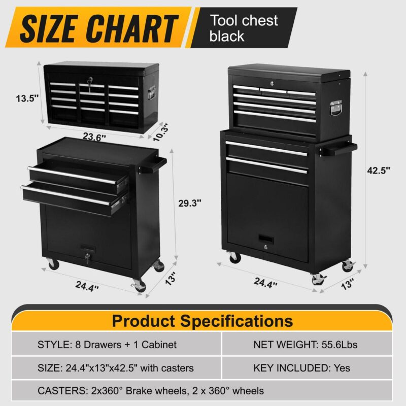 High Capacity Rolling Tool Chest with Wheels and Drawers, 8-Drawer Tool Storage Cabinet - Image 6