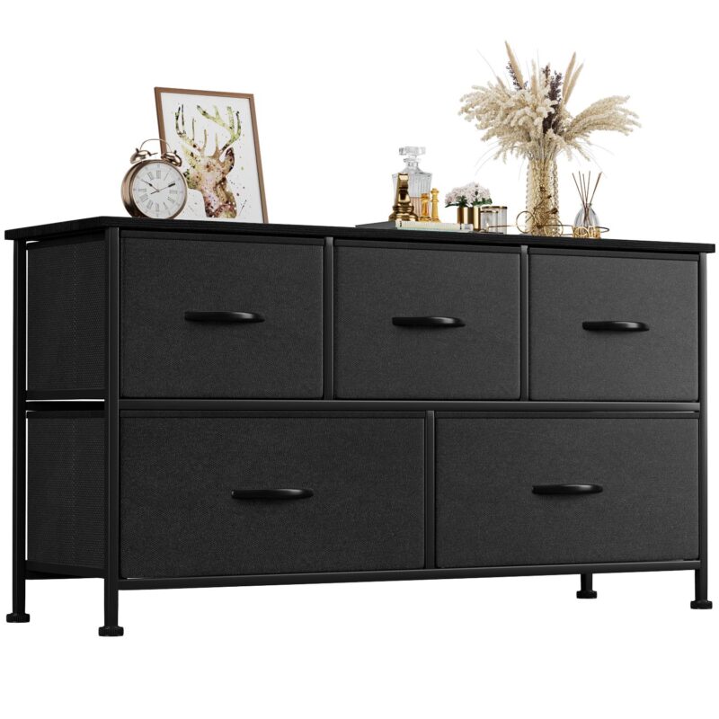 Homall 5 Drawer Fabric Dresser Wide Chest Of Drawers Nightstand With Wood Top Rustic Storage Tower Storage Dresser Closet For Living Room, Bedroom, Hallway, Black - Image 5