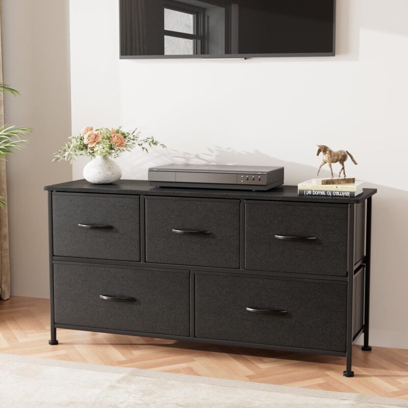 Homall 5 Drawer Fabric Dresser Wide Chest Of Drawers Nightstand With Wood Top Rustic Storage Tower Storage Dresser Closet For Living Room, Bedroom, Hallway, Black