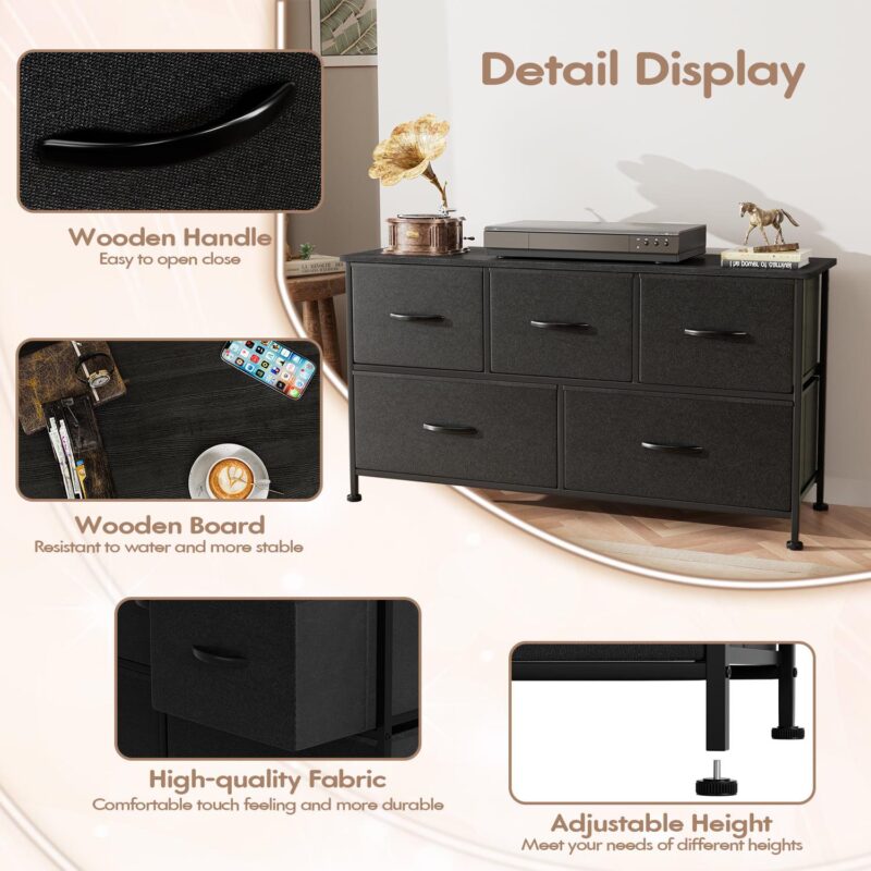 Homall 5 Drawer Fabric Dresser Wide Chest Of Drawers Nightstand With Wood Top Rustic Storage Tower Storage Dresser Closet For Living Room, Bedroom, Hallway, Black - Image 4