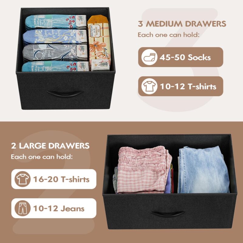 Homall 5 Drawer Fabric Dresser Wide Chest Of Drawers Nightstand With Wood Top Rustic Storage Tower Storage Dresser Closet For Living Room, Bedroom, Hallway, Black - Image 7