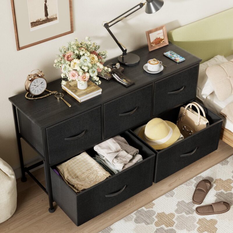 Homall 5 Drawer Fabric Dresser Wide Chest Of Drawers Nightstand With Wood Top Rustic Storage Tower Storage Dresser Closet For Living Room, Bedroom, Hallway, Black - Image 6