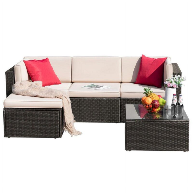 Homall 5 Pieces Outdoor Sectional Sofa with Tea Table and Ottoman, PE Rattan Patio Furniture Sets, Beige Cushion (Ships in 2 packages)